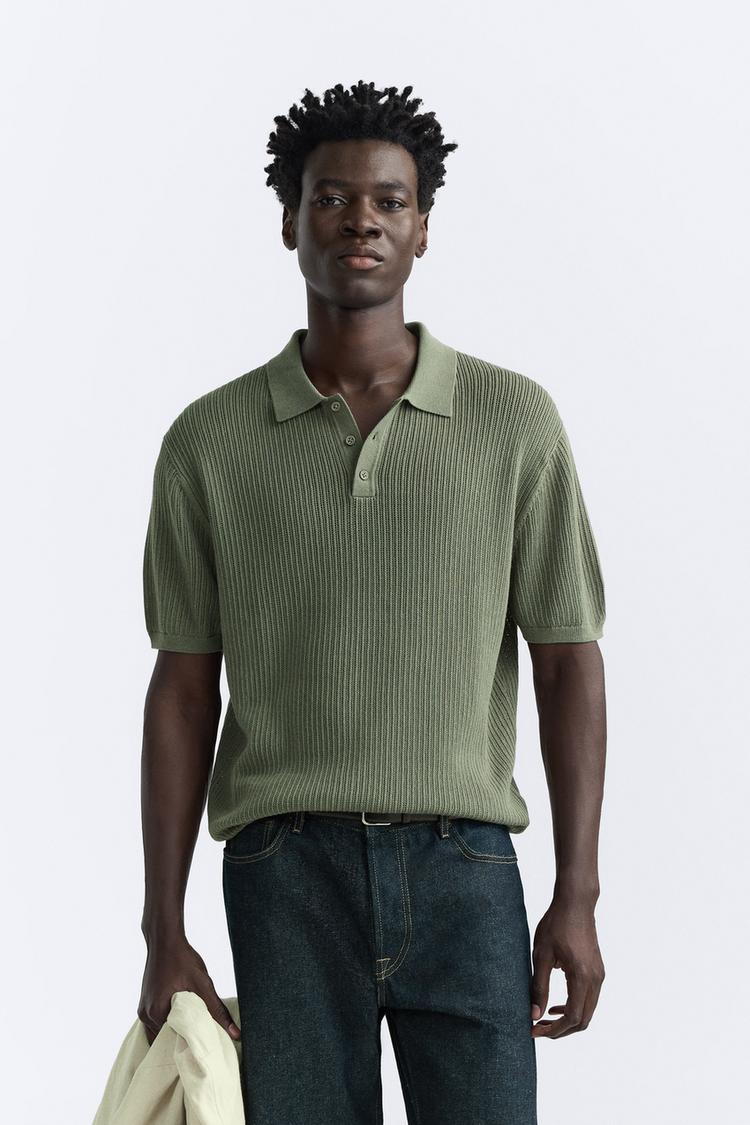 Cotton and linen mesh polo shirt