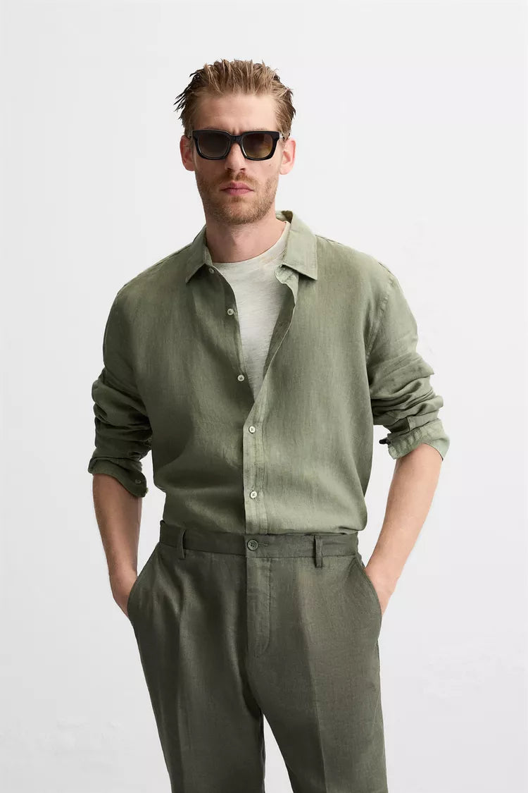 100% Linen Green Delavé Shirt