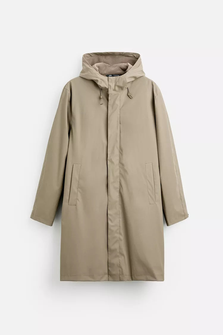 BROWN HOODED RUBBER EFFECT PARKA