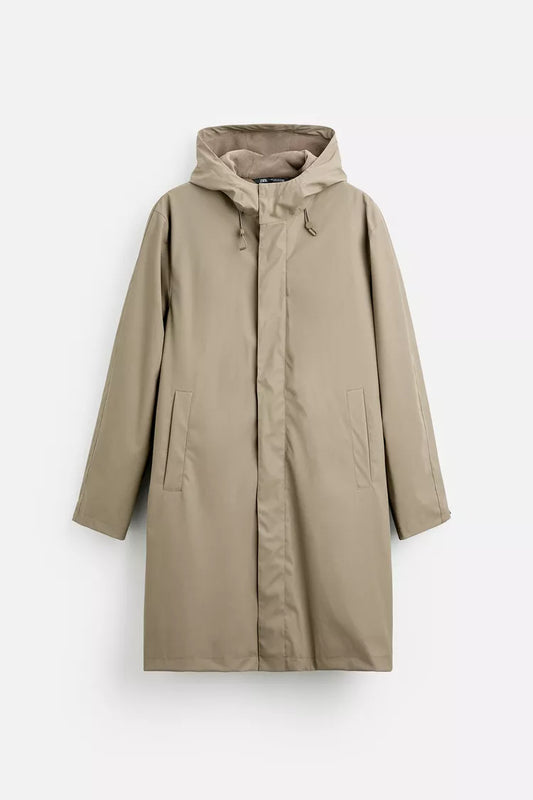 BROWN HOODED RUBBER EFFECT PARKA