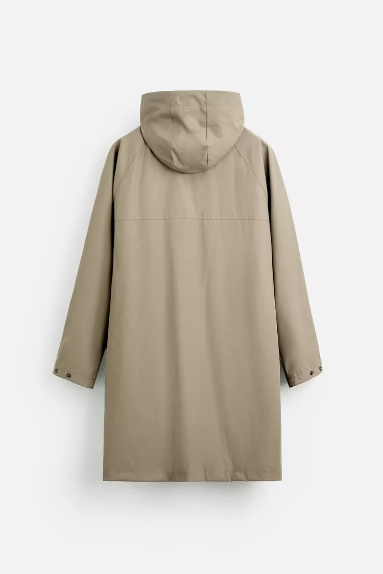 BROWN HOODED RUBBER EFFECT PARKA