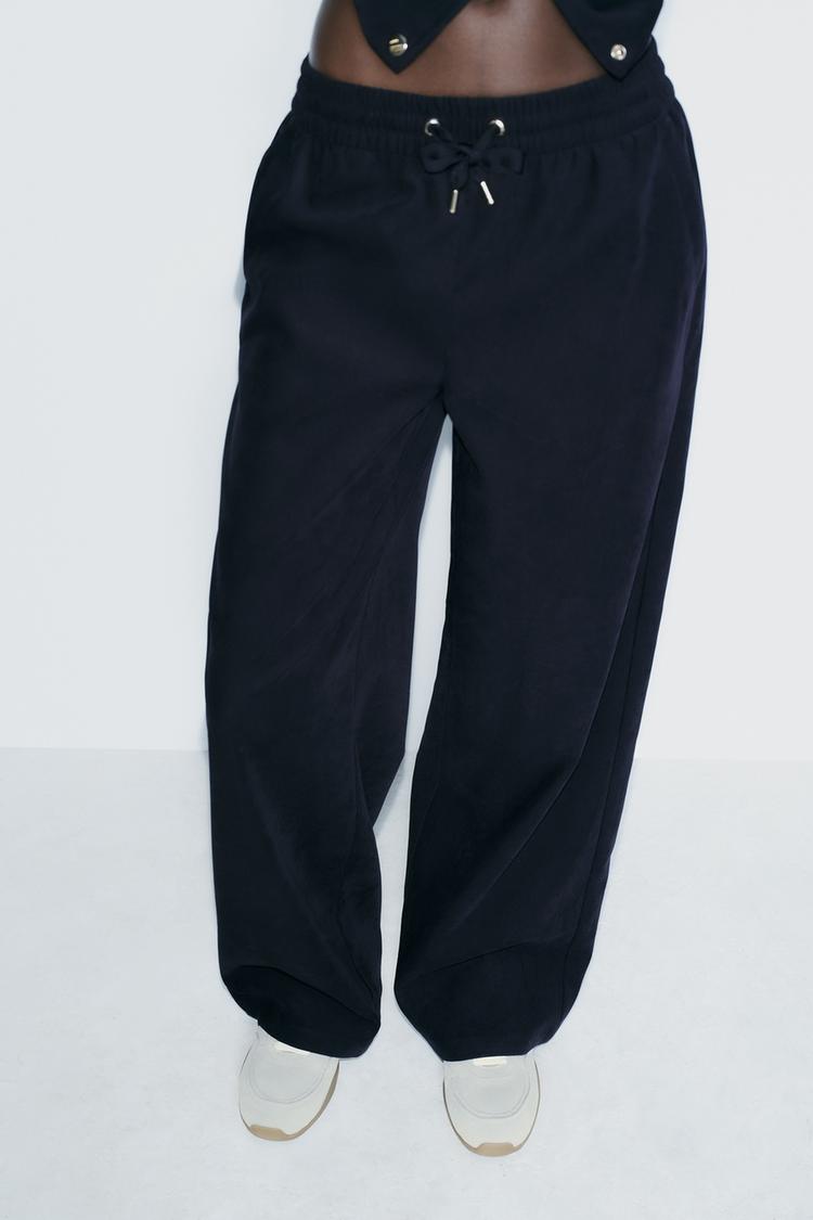 NAVY BLUE TEXTURED WIDE-LEG PANTS