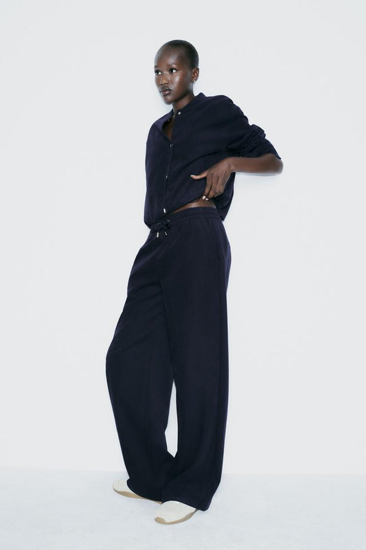 NAVY BLUE TEXTURED WIDE-LEG PANTS