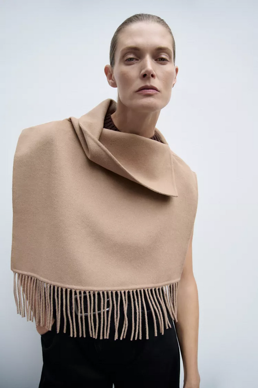 ASIMMETRIC CAPE WITH WOOL AND FRINGES